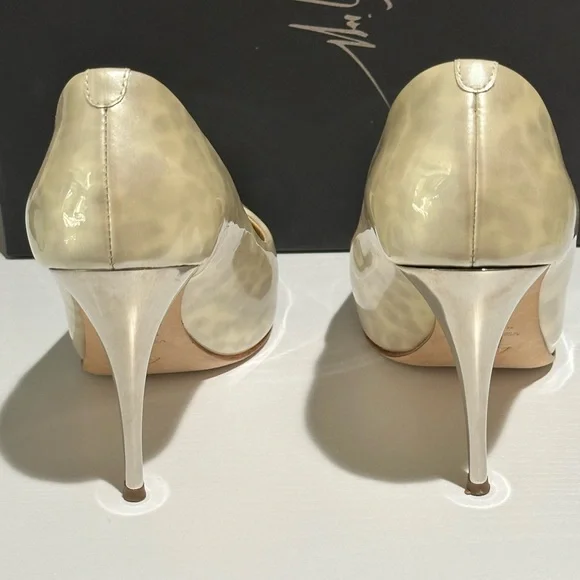 Giuseppe Zanotti Peep Toe Cream and Gray Patent Leather Stiletto Heels -…